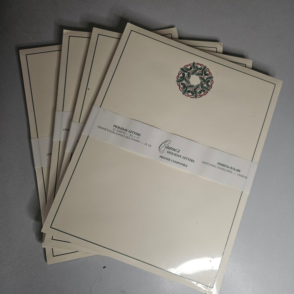 4 Packs Crane & Co Holiday Letters Stationery 100 Sheets Wreath Ecruwhite HS8016